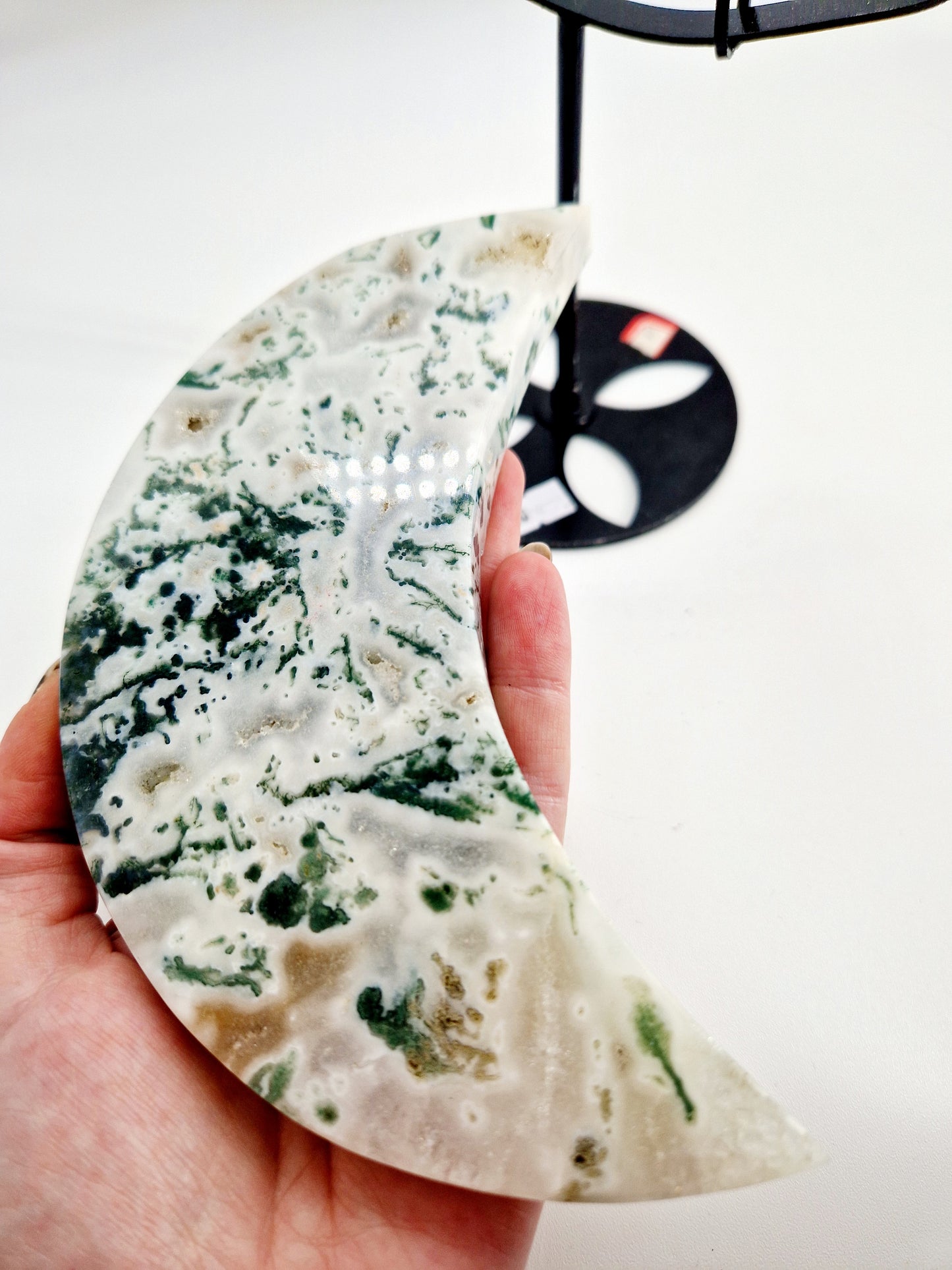 Large Green Moss Agate Crescent Moon Carving - Natural Serenity