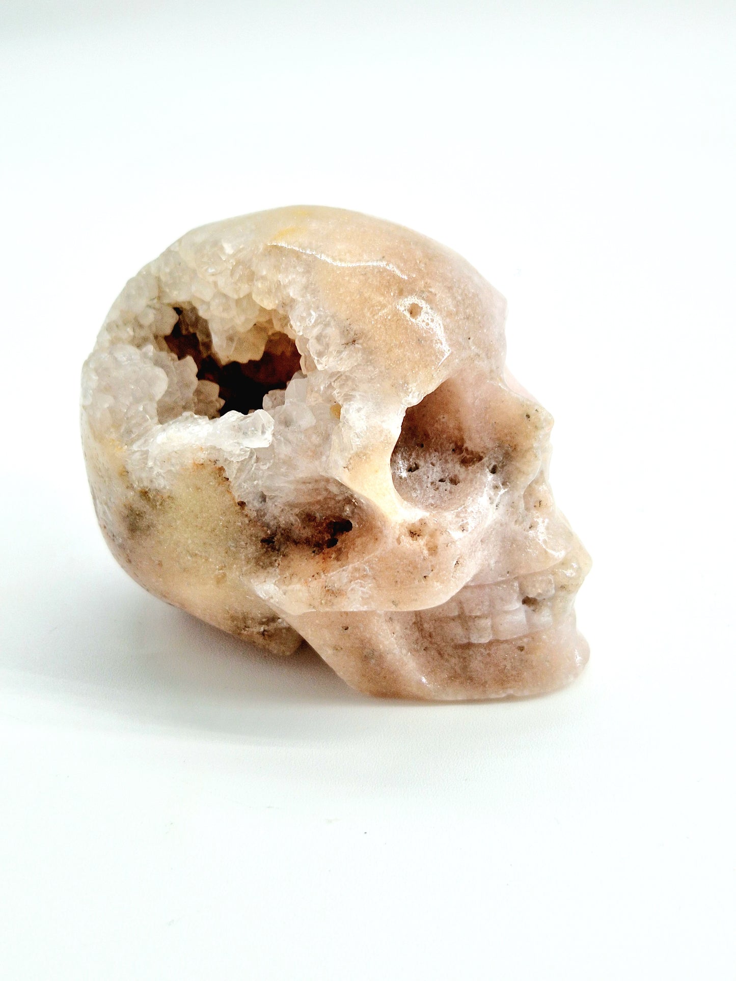 Pink Amethyst Skull with Open Sparkly Druze Cave - Mystical Elegance