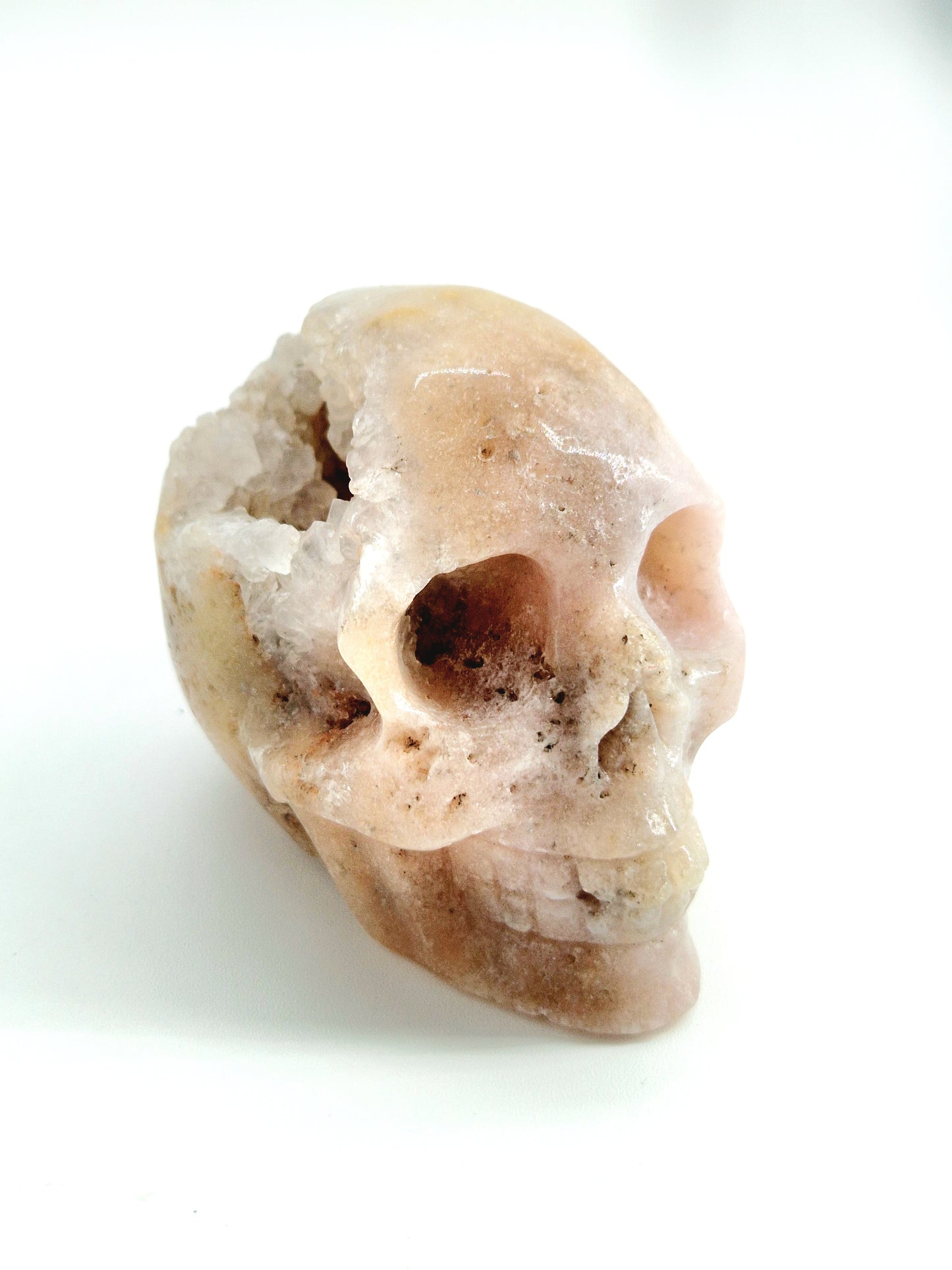 Pink Amethyst Skull with Open Sparkly Druze Cave - Mystical Elegance