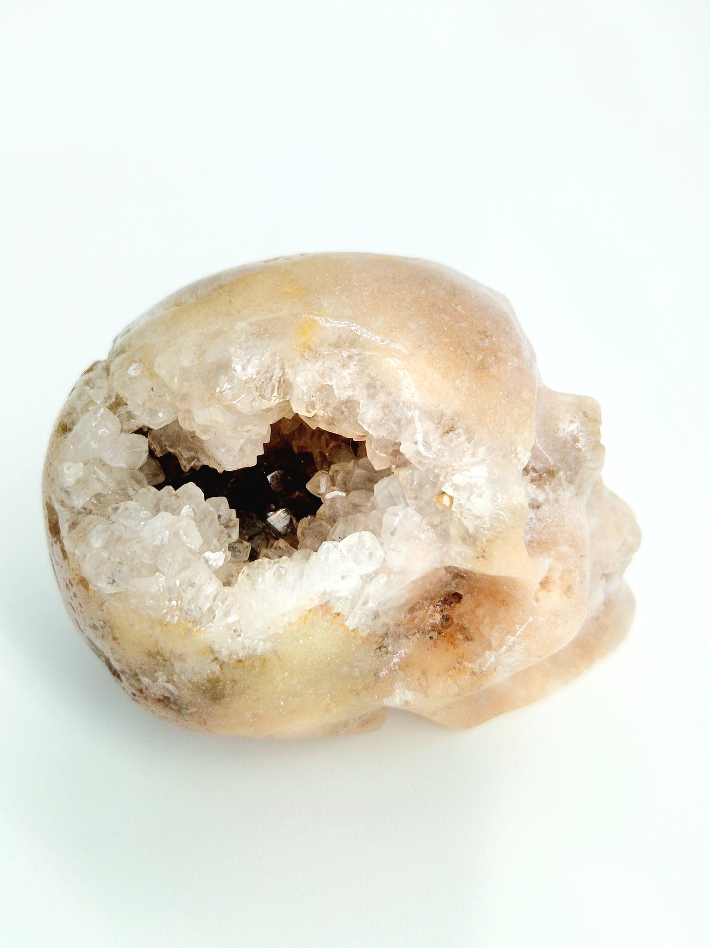 Pink Amethyst Skull with Open Sparkly Druze Cave - Mystical Elegance