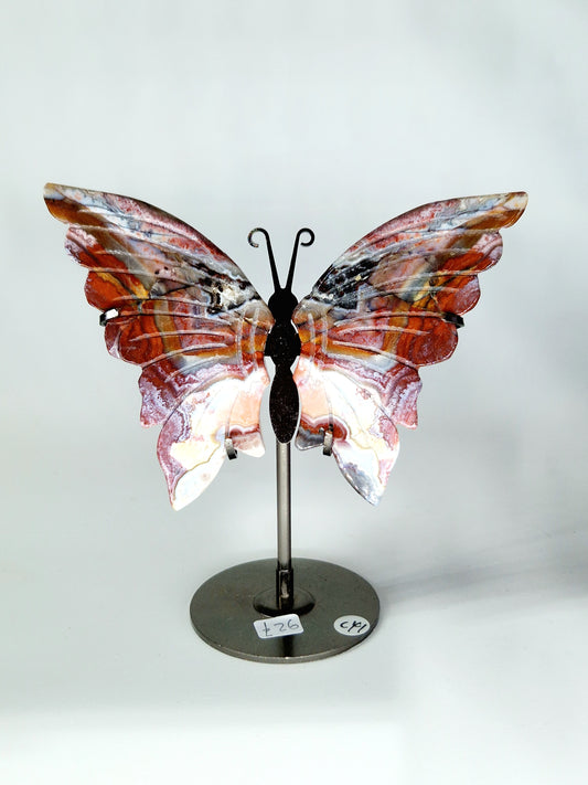Hand-Carved Mexican Crazy Lace Agate Wings on Butterfly Stand