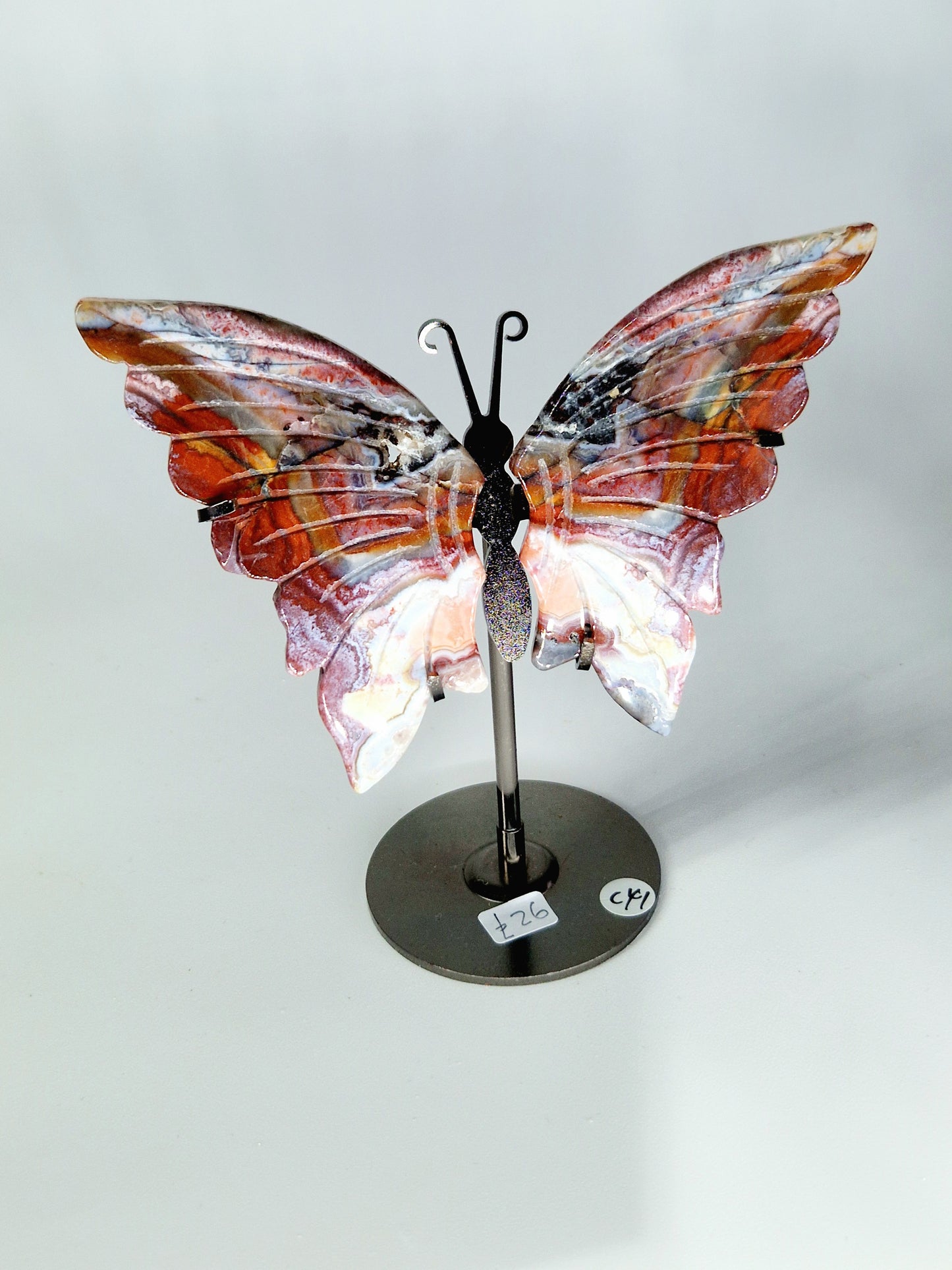 Hand-Carved Mexican Crazy Lace Agate Wings on Butterfly Stand