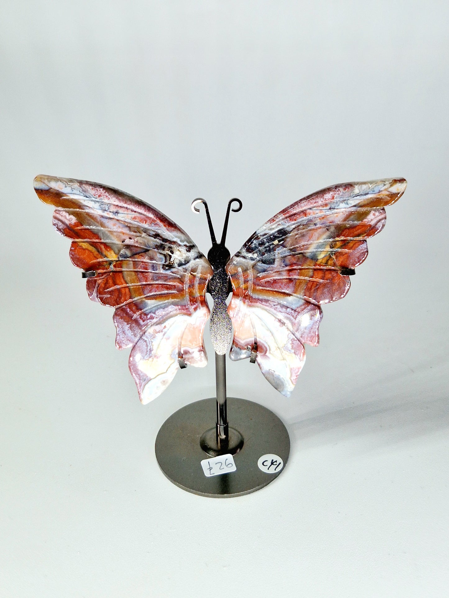 Hand-Carved Mexican Crazy Lace Agate Wings on Butterfly Stand