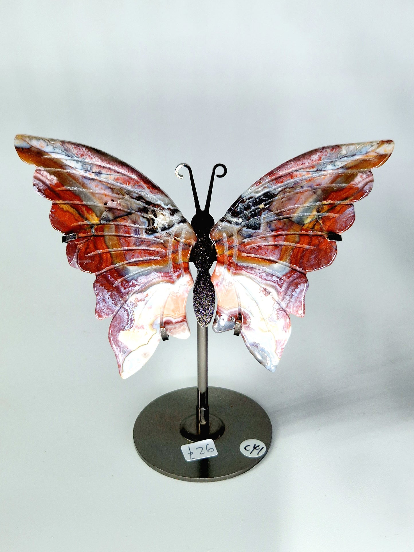 Hand-Carved Mexican Crazy Lace Agate Wings on Butterfly Stand