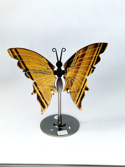 Hand-Carved Tiger's Eye Mineral Wings on Butterfly Stand