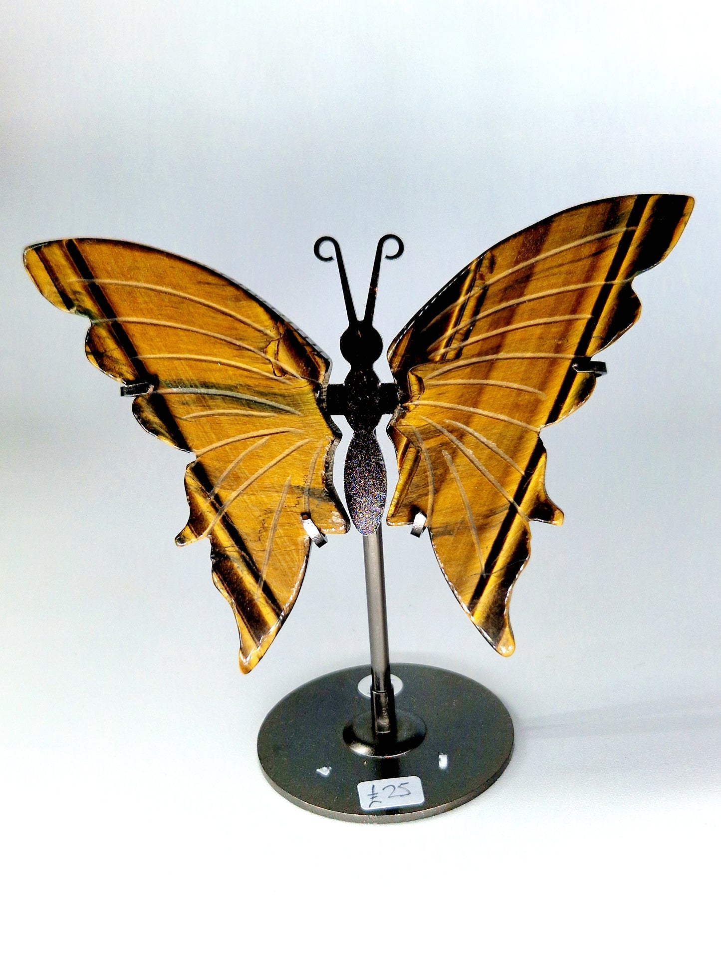 Hand-Carved Tiger's Eye Mineral Wings on Butterfly Stand