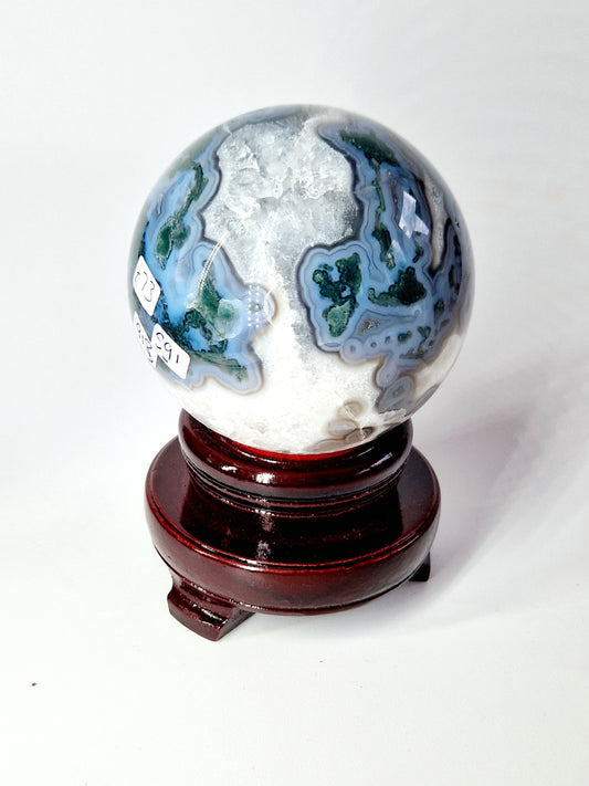 Large Green and Blue Moss Agate Sphere with Druze - Nature's Masterpiece