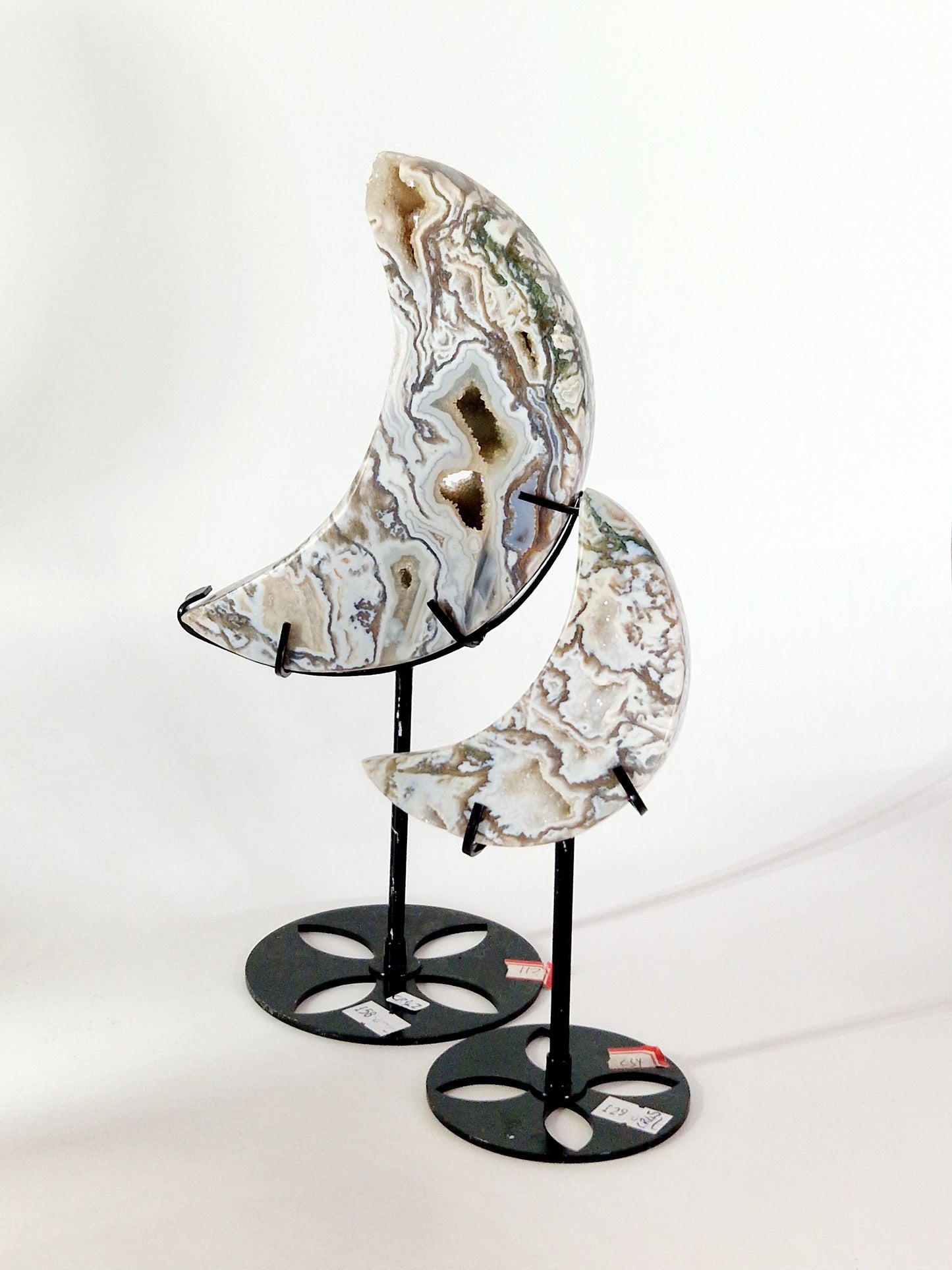 Large Moss Agate Crescent Moon Carving on Metal Stand - Earthy Serenity