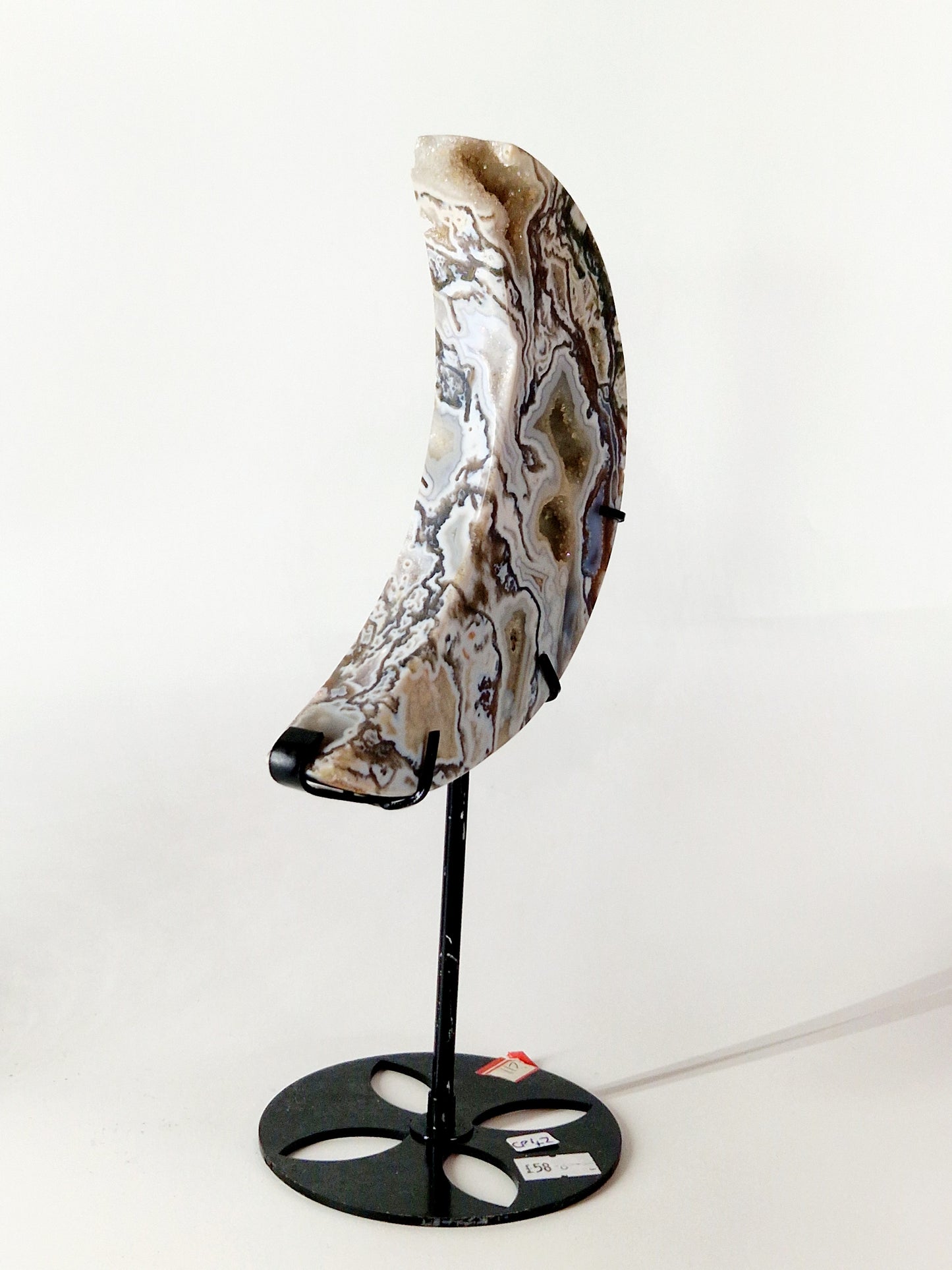 Large Moss Agate Crescent Moon Carving on Metal Stand - Earthy Serenity