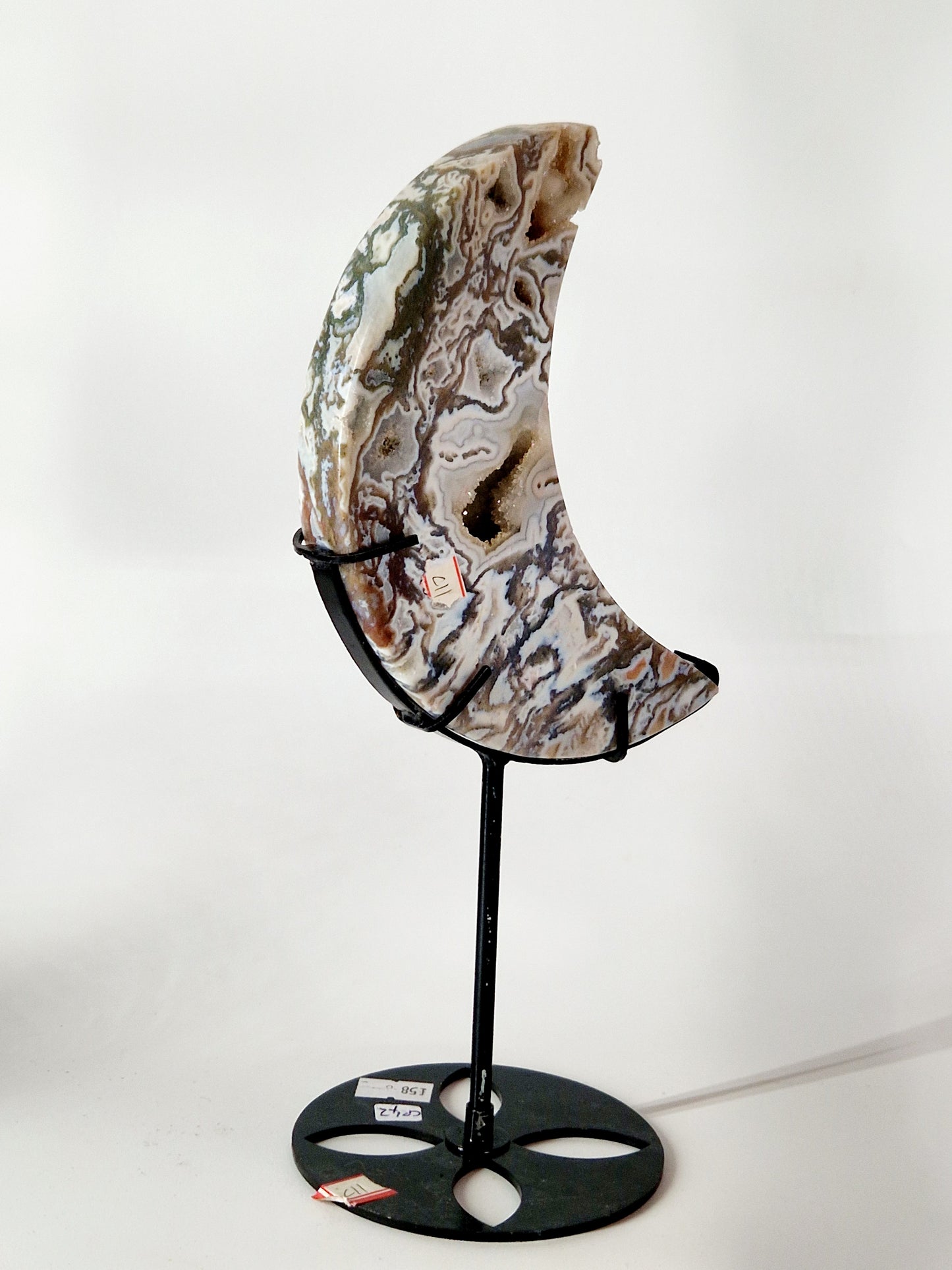 Large Moss Agate Crescent Moon Carving on Metal Stand - Earthy Serenity