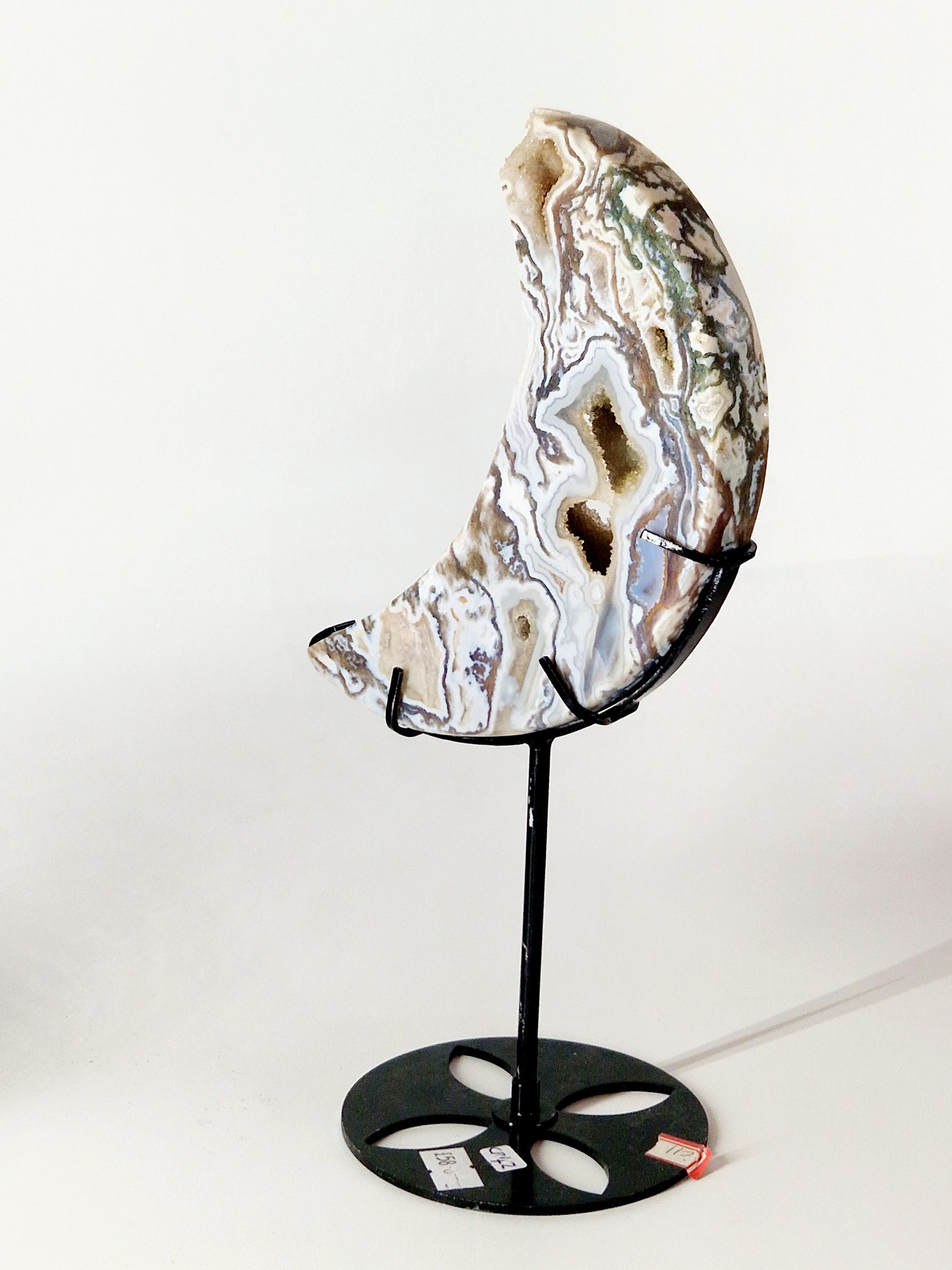 Large Moss Agate Crescent Moon Carving on Metal Stand - Earthy Serenity