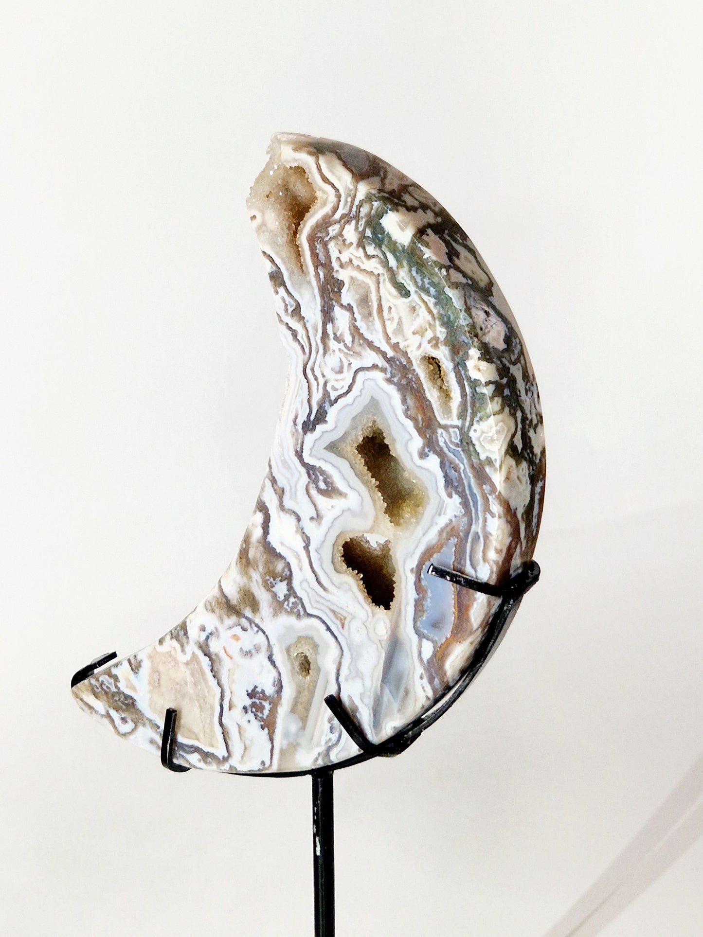 Large Moss Agate Crescent Moon Carving on Metal Stand - Earthy Serenity