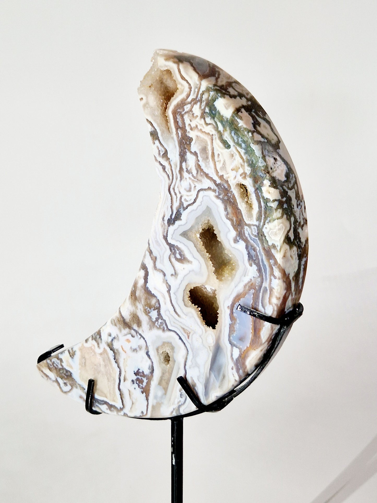 Large Moss Agate Crescent Moon Carving on Metal Stand - Earthy Serenity