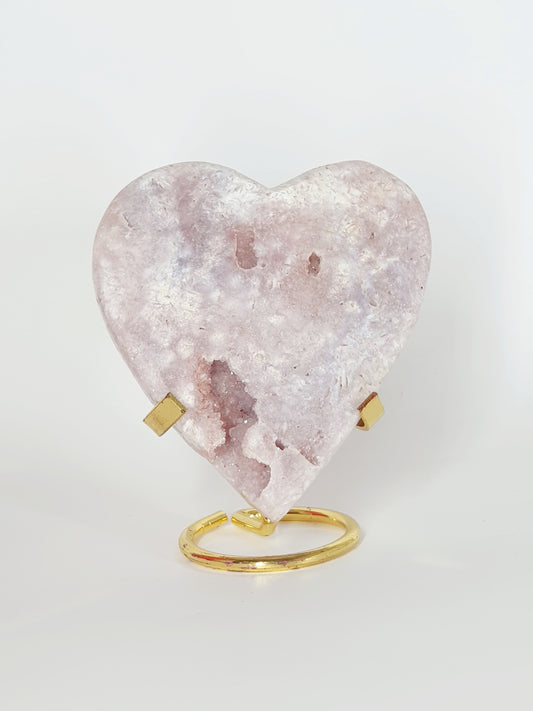 Large Hand-Carved Pink Amethyst Heart On Stand