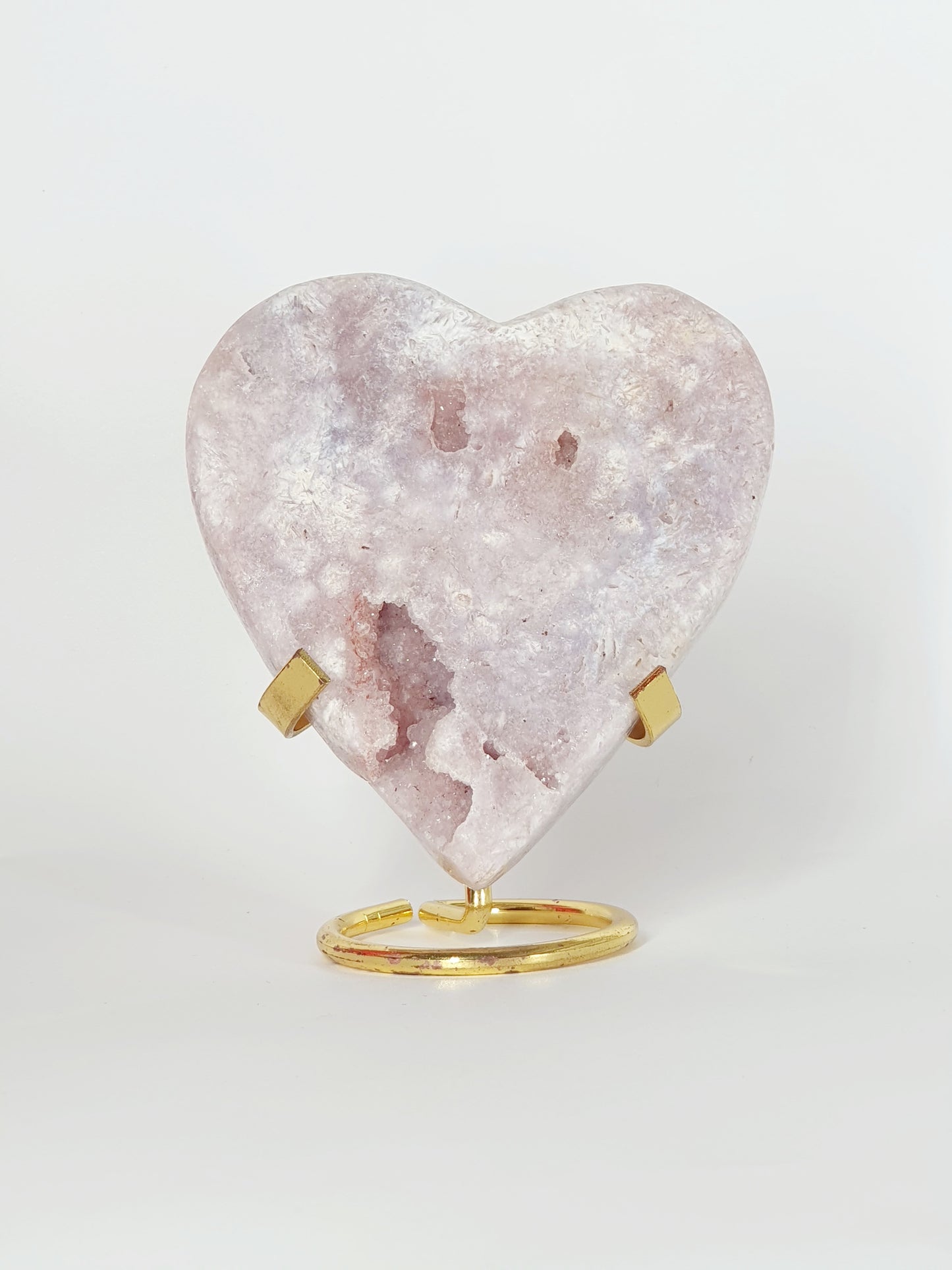Large Hand-Carved Pink Amethyst Heart On Stand