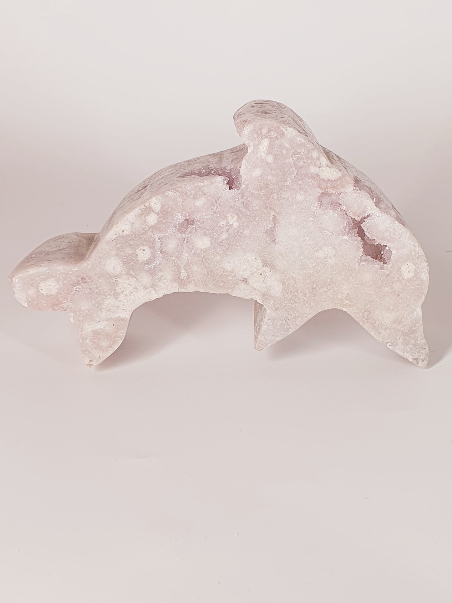 Hand-Carved Pink Amethyst with Crystal Heart - Enchanted Dolphin of Love