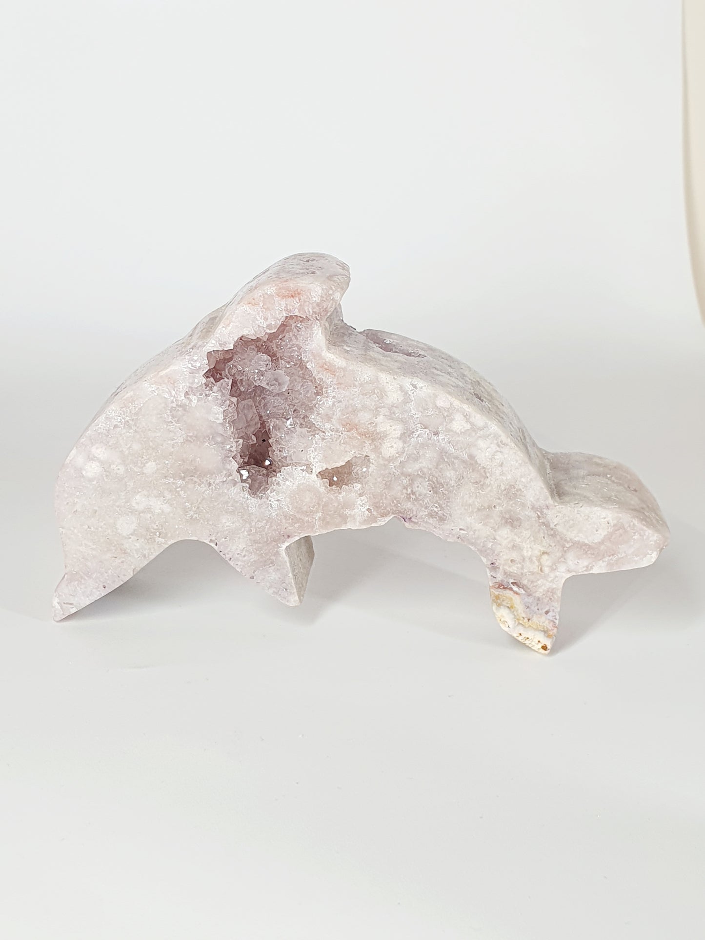 Hand-Carved Pink Amethyst with Crystal Heart - Enchanted Dolphin of Love