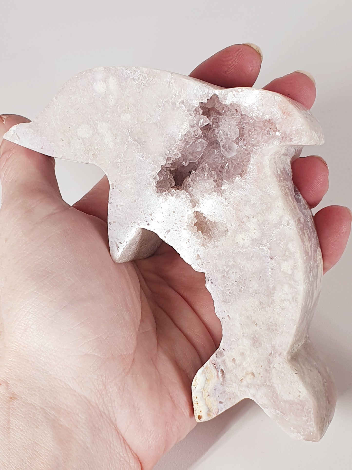 Hand-Carved Pink Amethyst with Crystal Heart - Enchanted Dolphin of Love