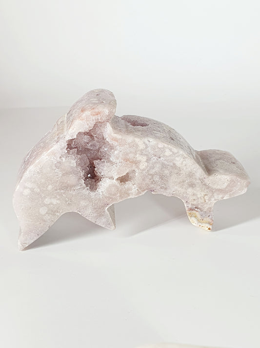 Hand-Carved Pink Amethyst with Crystal Heart - Enchanted Dolphin of Love