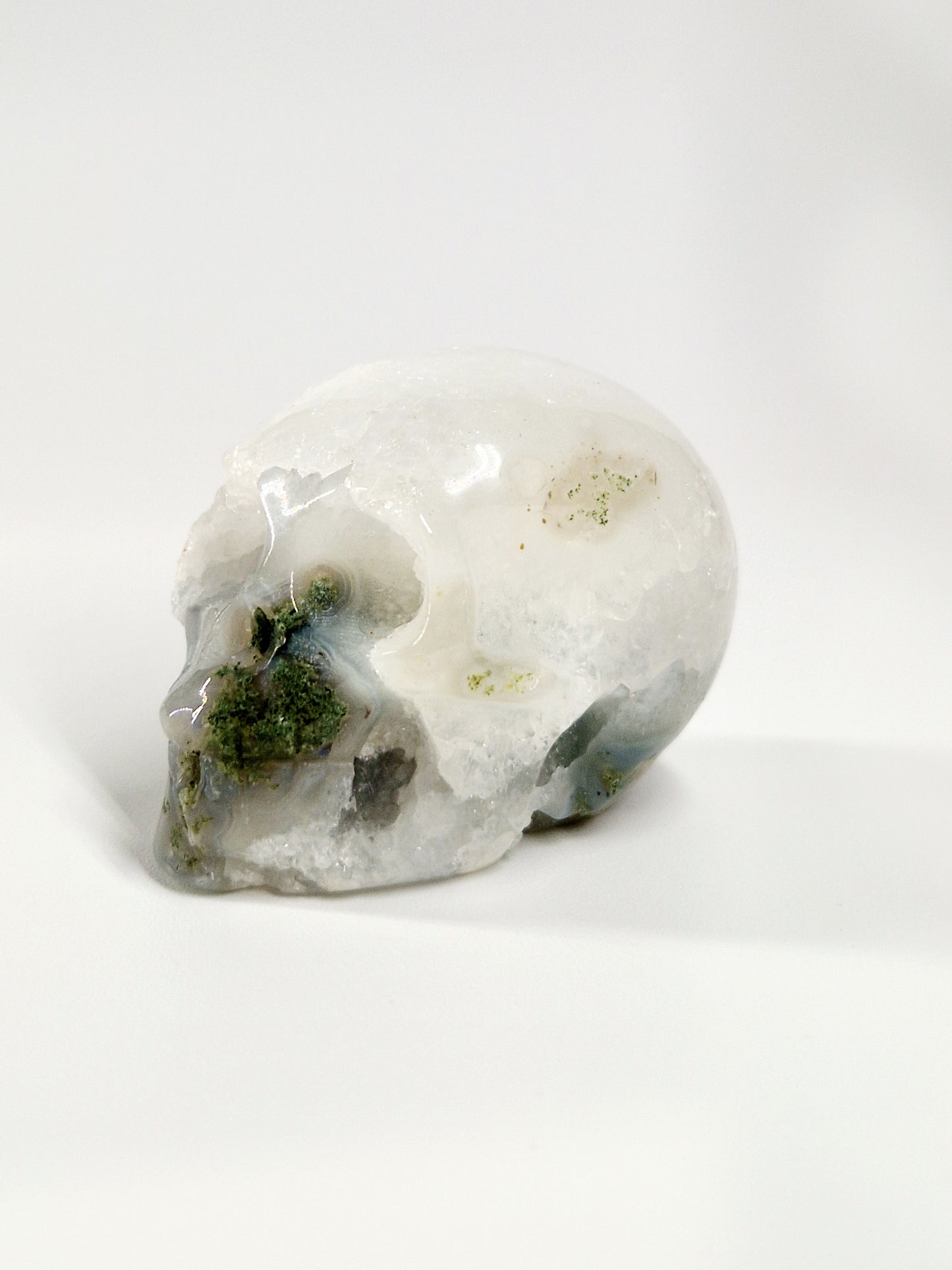 Green Moss Agate Carved Skull – A Unique Blend of Nature and Spiritual Energy