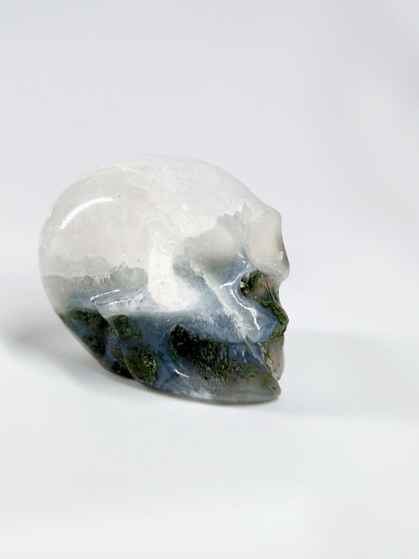 Green Moss Agate Carved Skull – A Unique Blend of Nature and Spiritual Energy