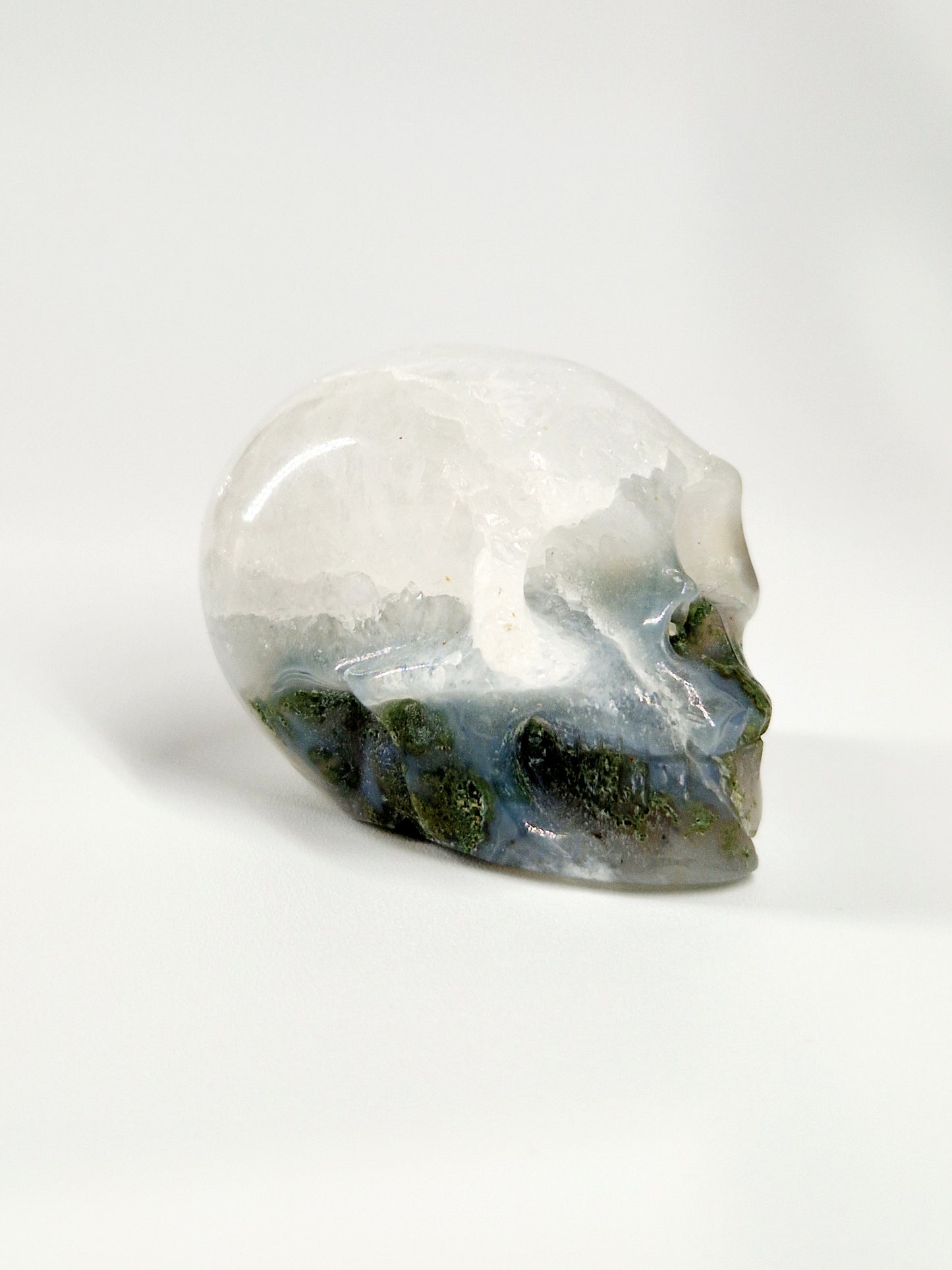 Green Moss Agate Carved Skull – A Unique Blend of Nature and Spiritual Energy