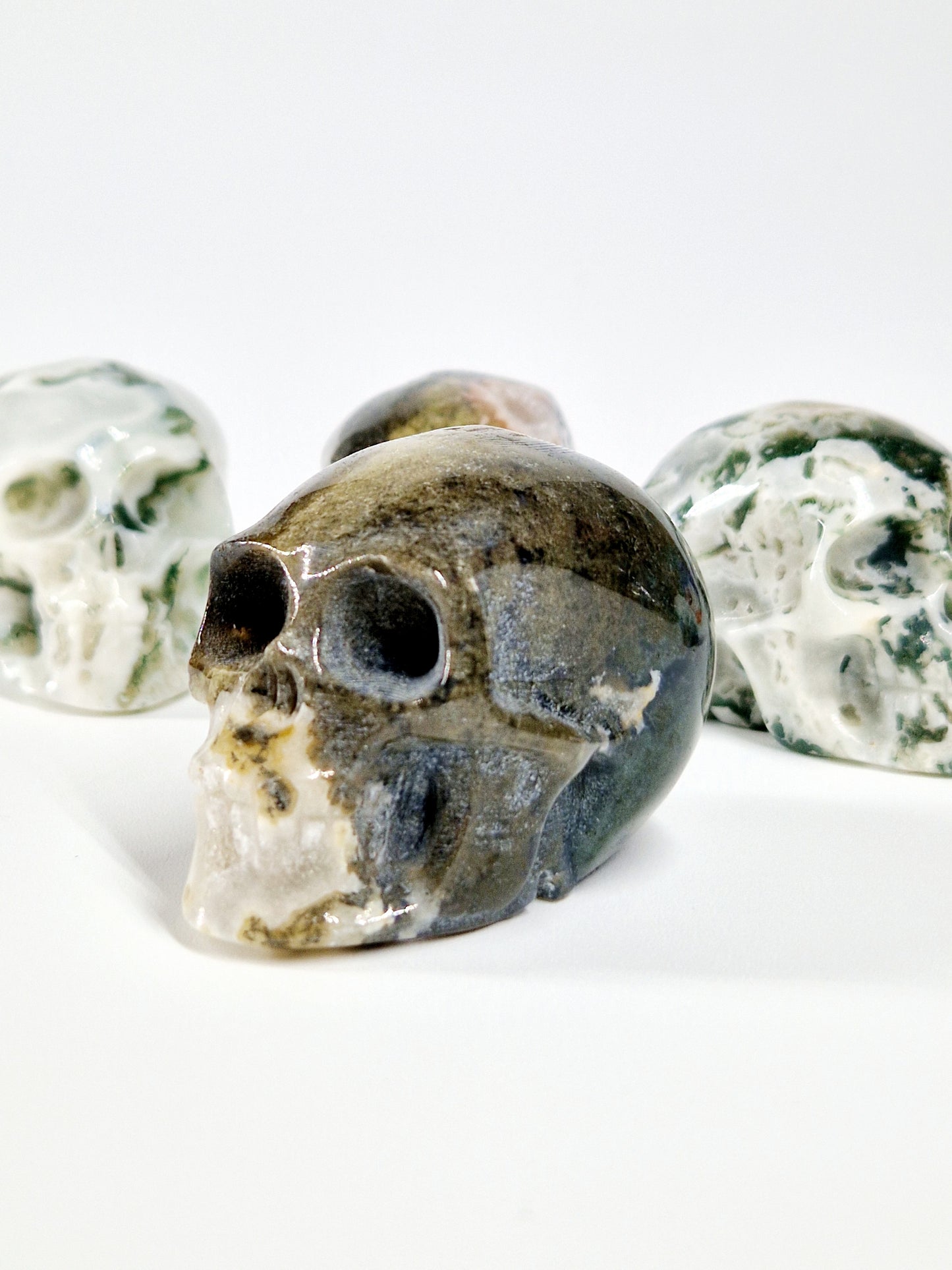 Green Moss Agate Carved Skull – A Unique Blend of Nature and Spiritual Energy