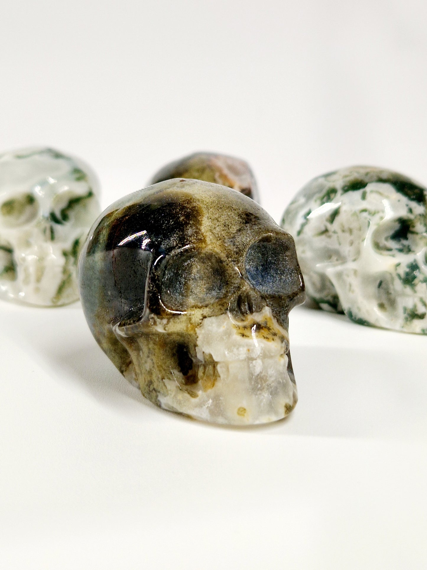 Green Moss Agate Carved Skull – A Unique Blend of Nature and Spiritual Energy