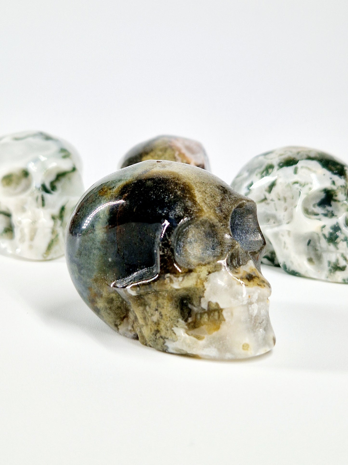 Green Moss Agate Carved Skull – A Unique Blend of Nature and Spiritual Energy