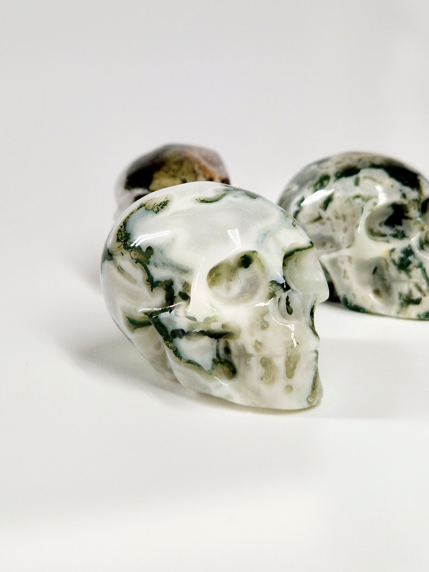 Green Moss Agate Carved Skull – A Unique Blend of Nature and Spiritual Energy