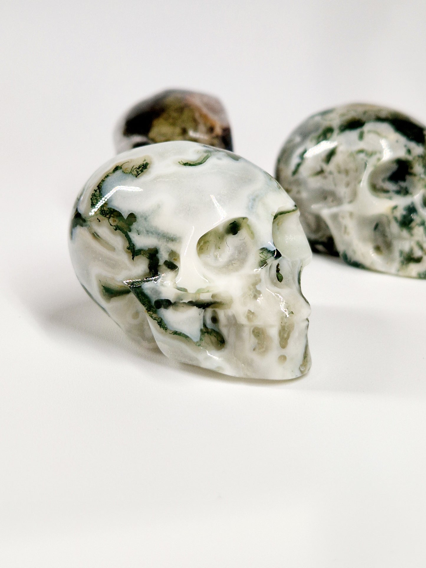 Green Moss Agate Carved Skull – A Unique Blend of Nature and Spiritual Energy