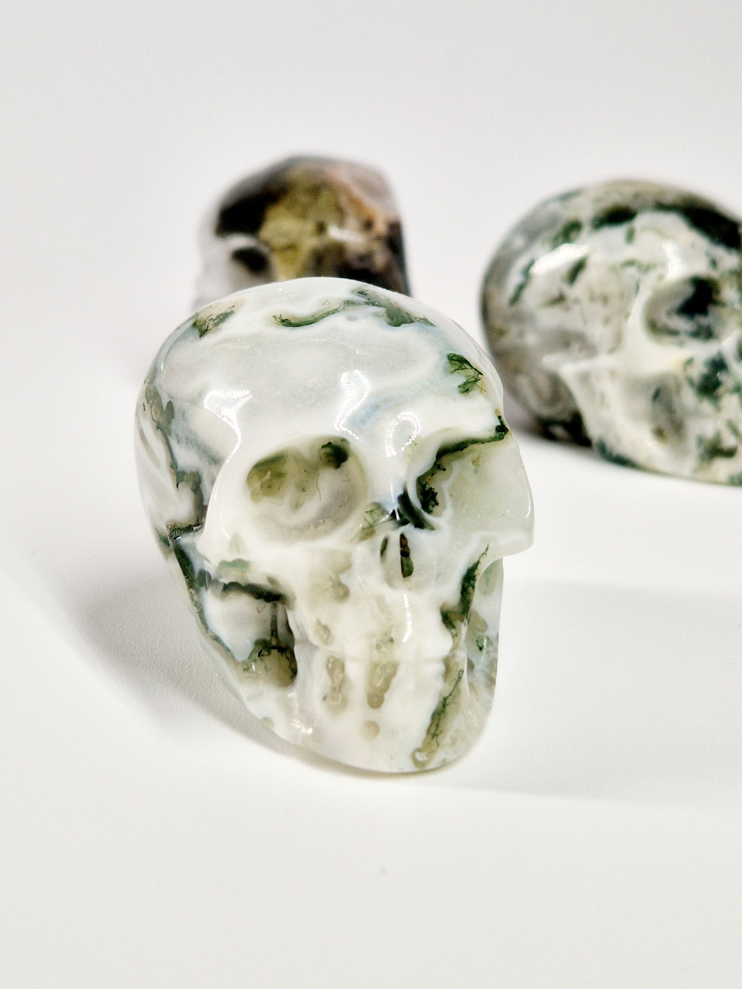 Green Moss Agate Carved Skull – A Unique Blend of Nature and Spiritual Energy