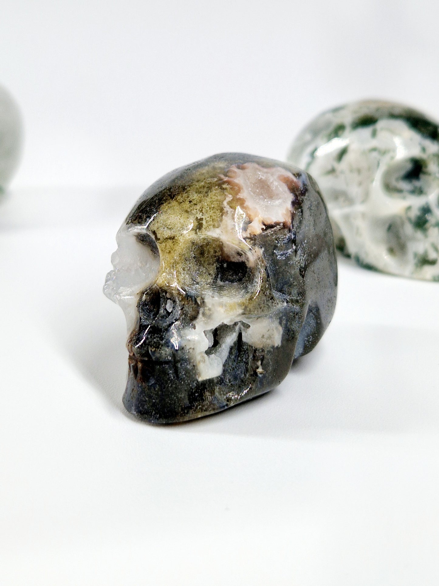Green Moss Agate Carved Skull – A Unique Blend of Nature and Spiritual Energy