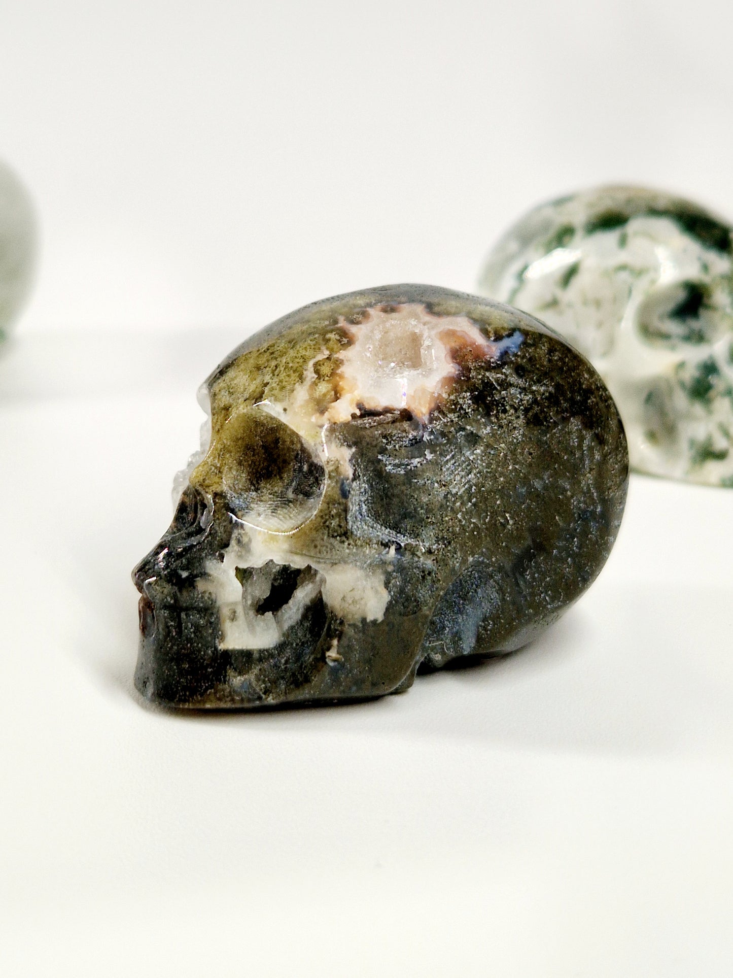 Green Moss Agate Carved Skull – A Unique Blend of Nature and Spiritual Energy