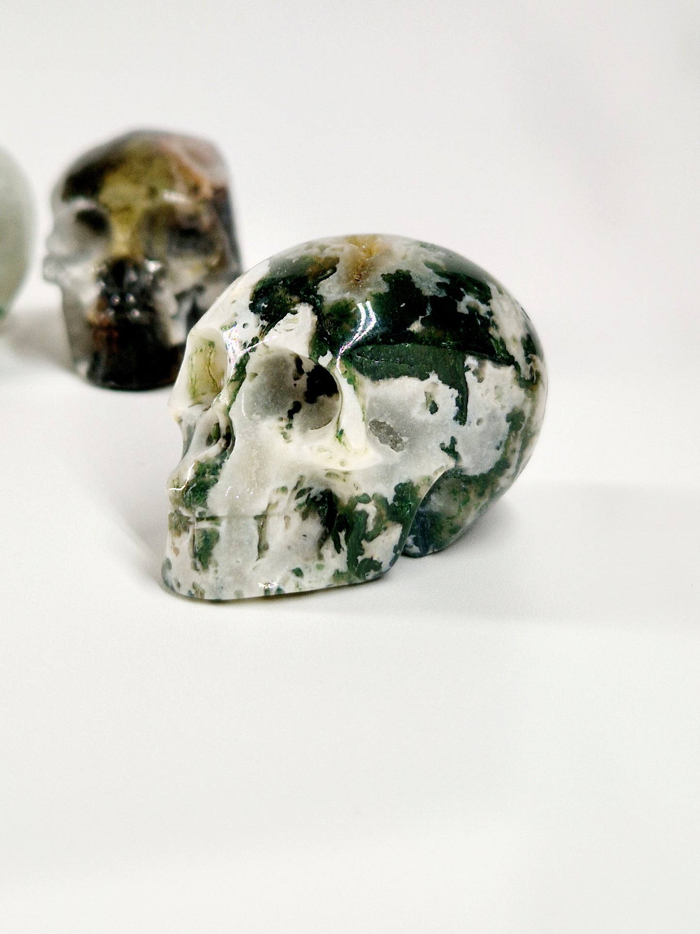 Green Moss Agate Carved Skull – A Unique Blend of Nature and Spiritual Energy