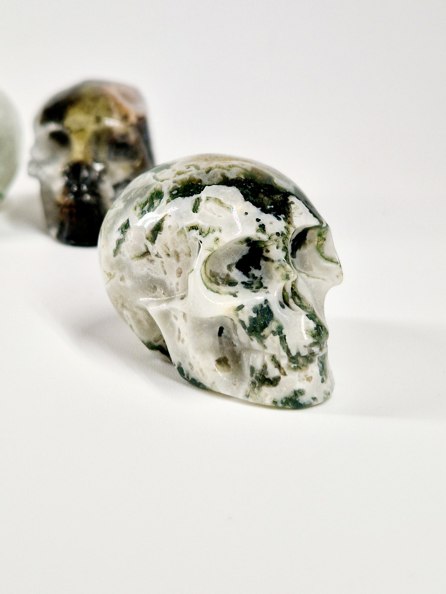 Green Moss Agate Carved Skull – A Unique Blend of Nature and Spiritual Energy