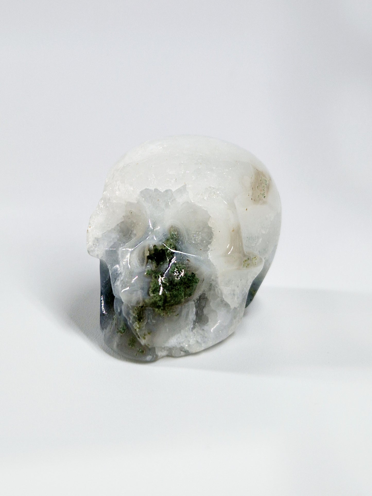 Green Moss Agate Carved Skull – A Unique Blend of Nature and Spiritual Energy