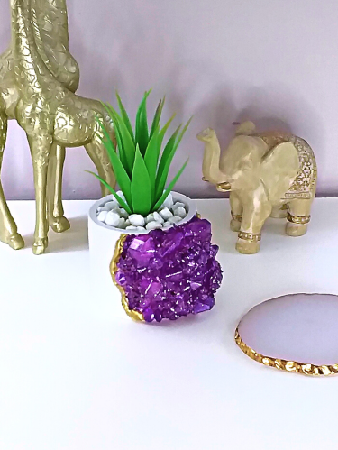 Handmade Geode Concrete Pot with Faux Amethyst Crystals - Unique Home Décor and Plant Holder