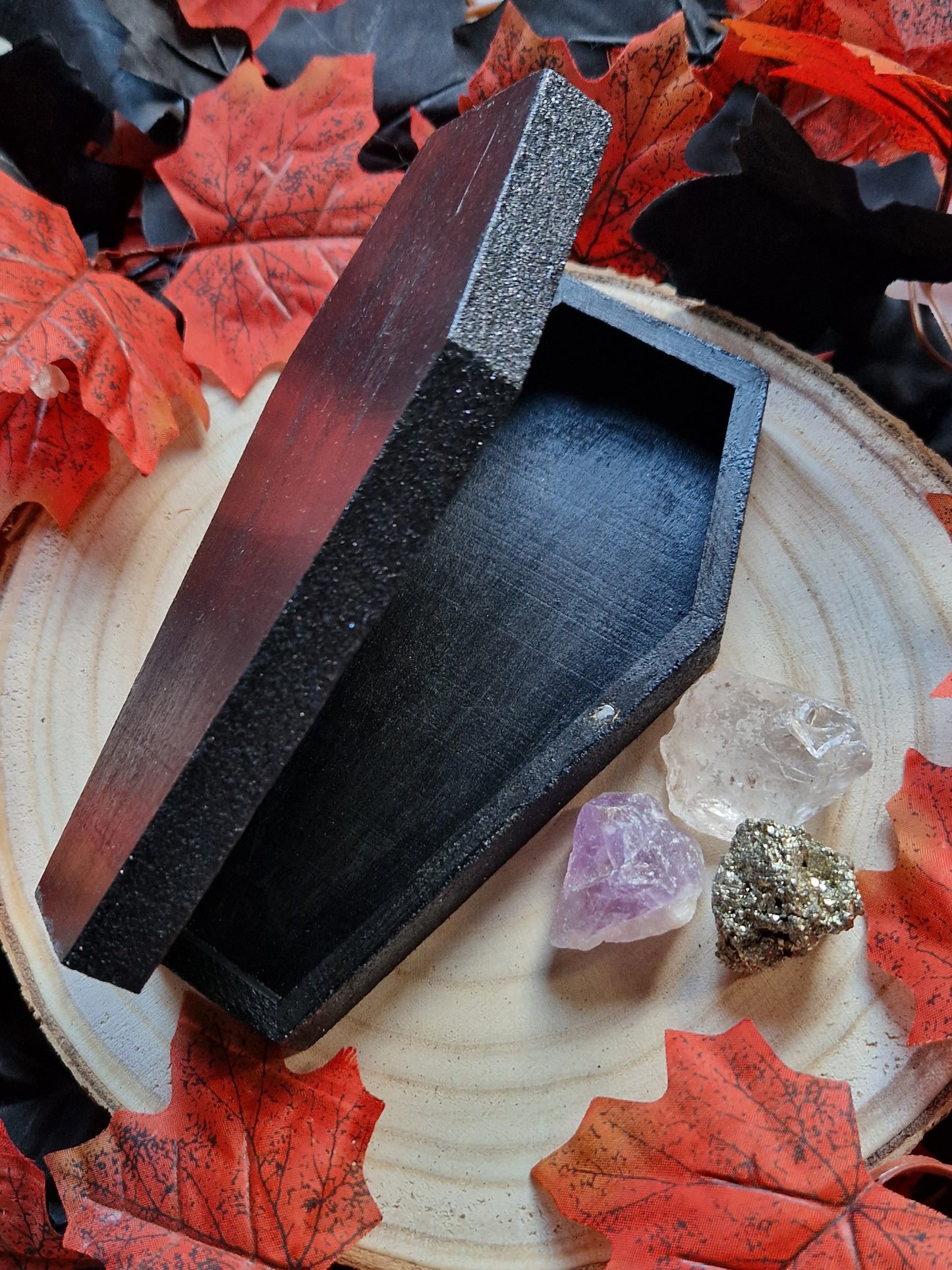Hand-Painted Black Wooden Coffin Box - Halloween & Gothic Decor/Spellwork Box
