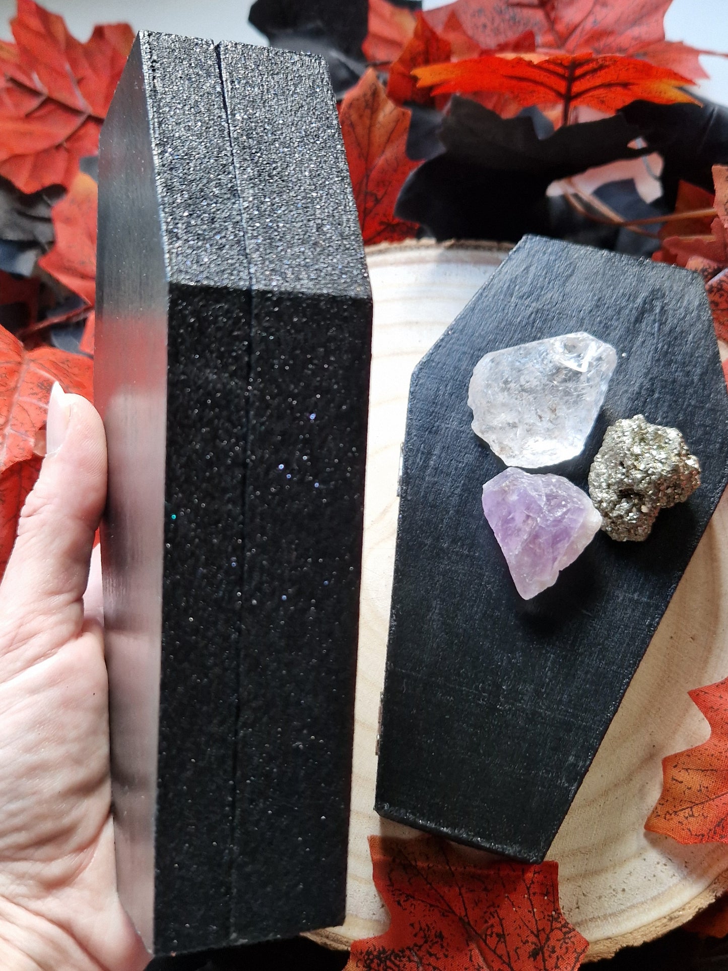 Hand-Painted Black Wooden Coffin Box - Halloween & Gothic Decor/Spellwork Box