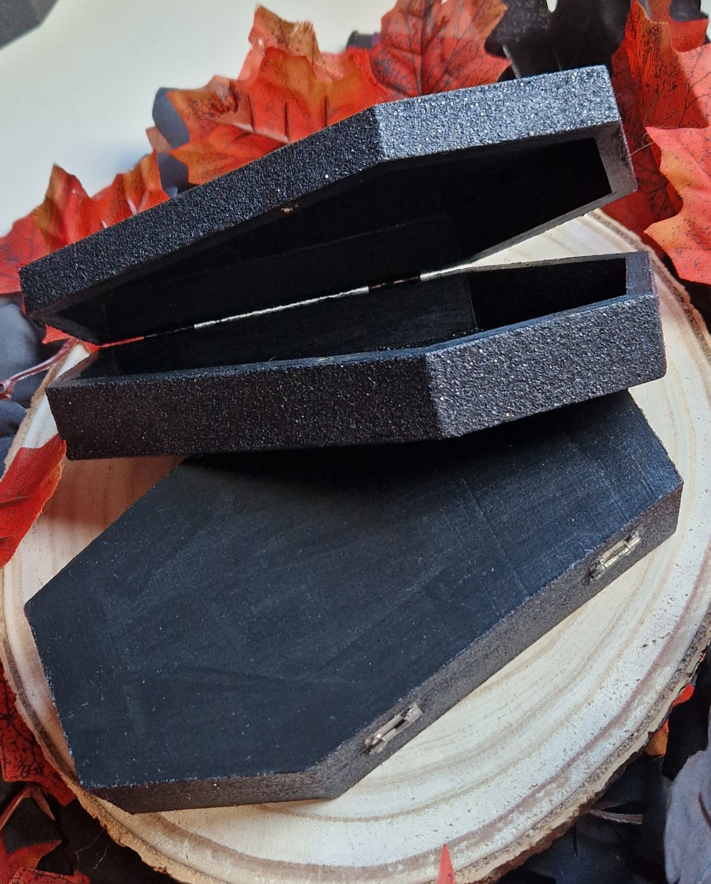 Hand-Painted Black Wooden Coffin Box - Halloween & Gothic Decor/Spellwork Box