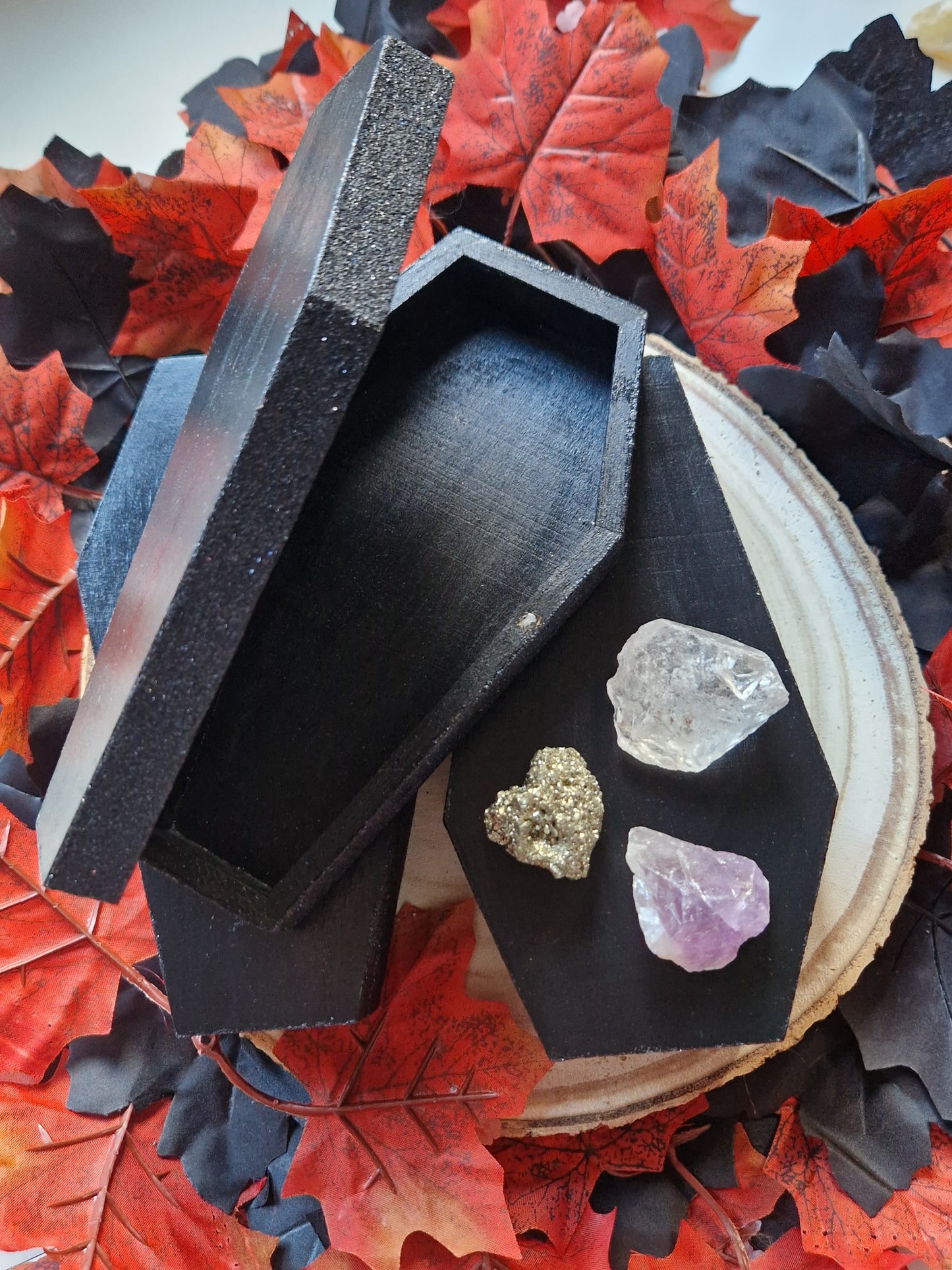 Hand-Painted Black Wooden Coffin Box - Halloween & Gothic Decor/Spellwork Box