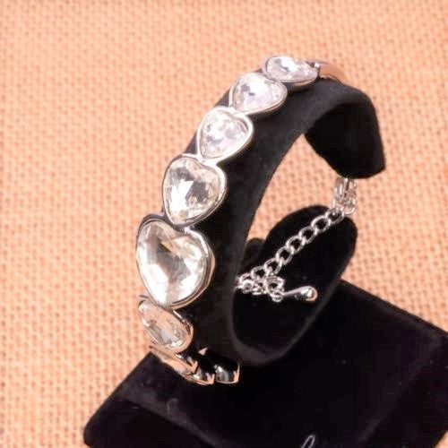 Elegant Silver-Plated Austrian Crystal Hearts Bracelet with 2-Inch Extender