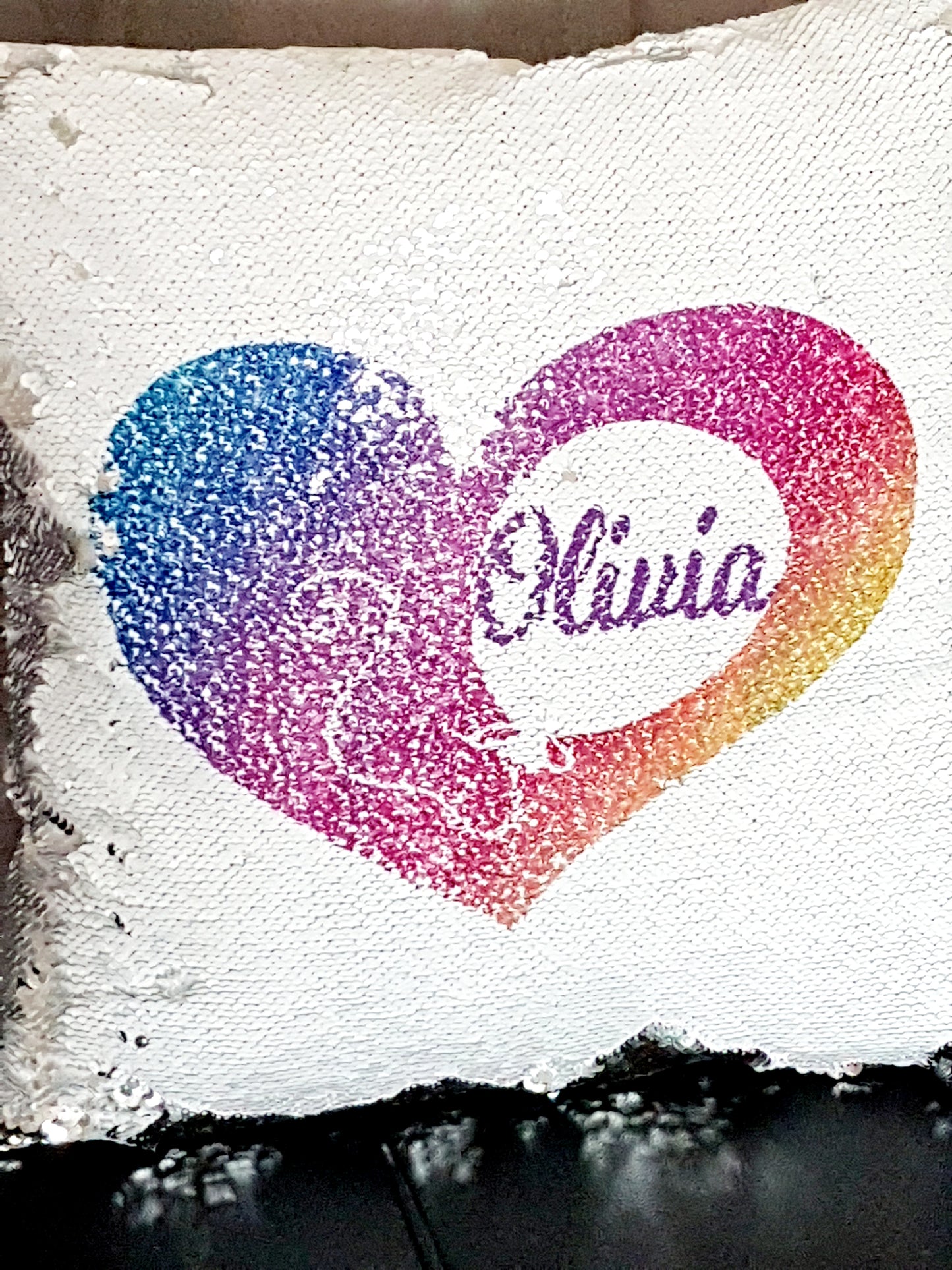 Personalised Rainbow Heart Reversible Sequin Cushion