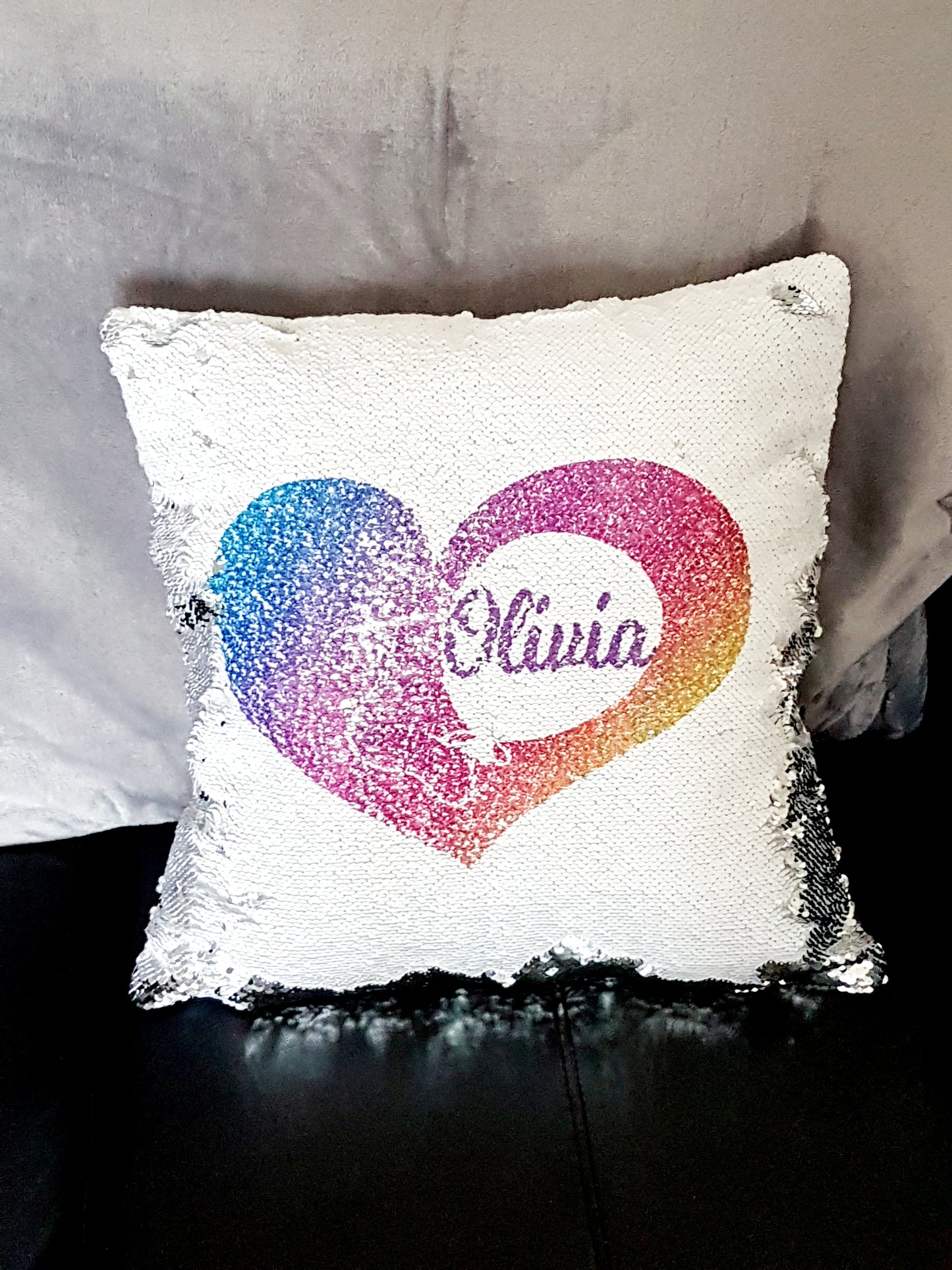 Personalised Rainbow Heart Reversible Sequin Cushion