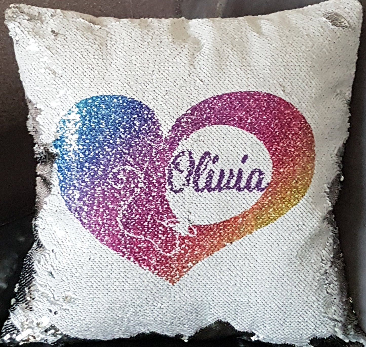Personalised Rainbow Heart Reversible Sequin Cushion