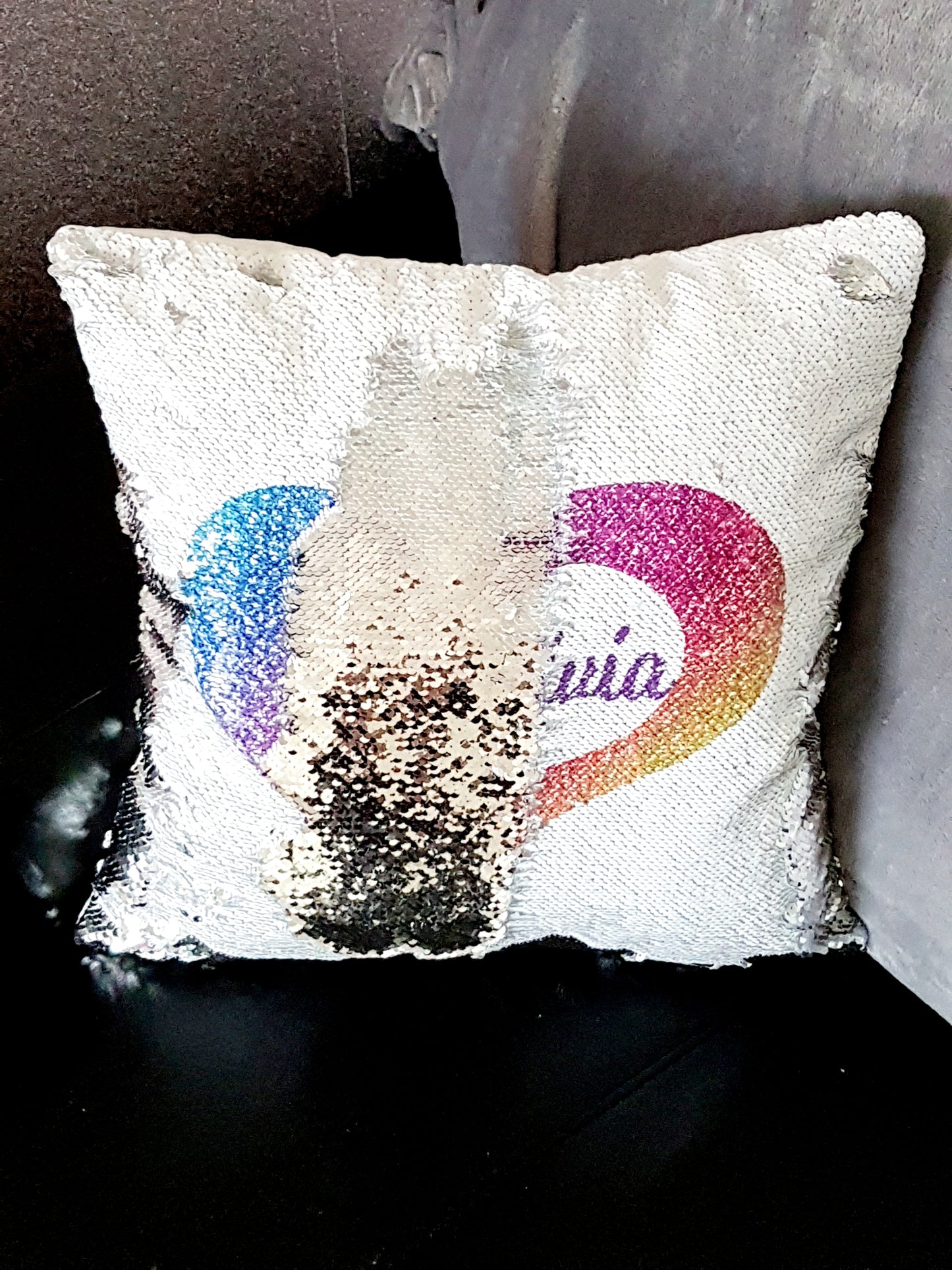 Personalised Rainbow Heart Reversible Sequin Cushion