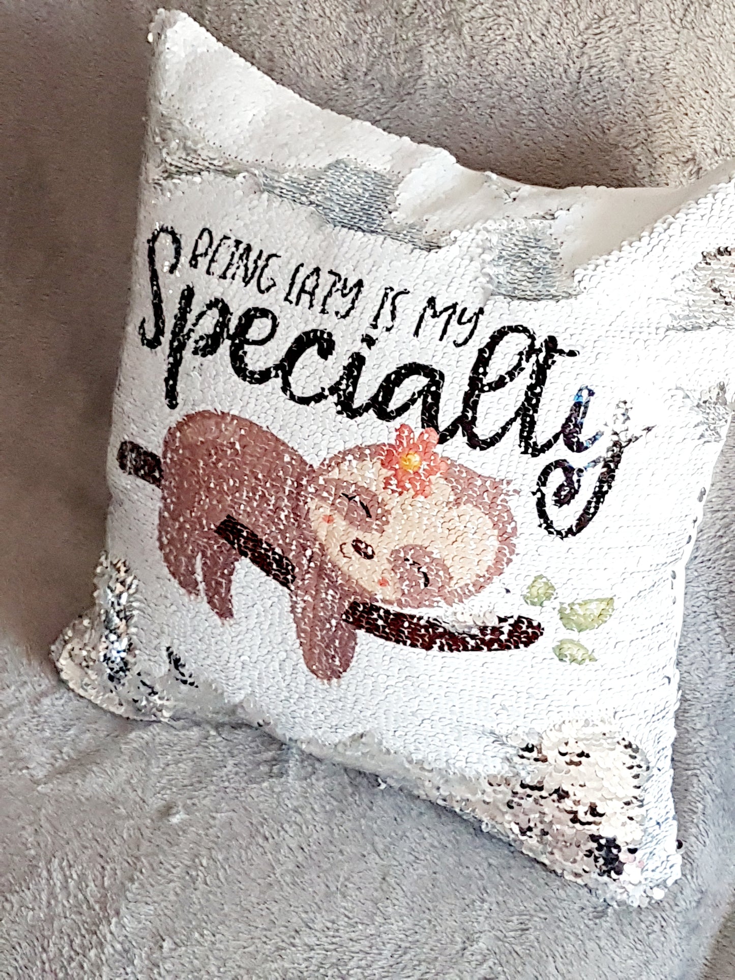 Sleepy Sloth Reversible Sequin Cushion