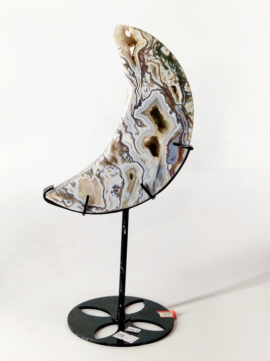 Large Moss Agate Crescent Moon Carving on Metal Stand - Earthy Serenity