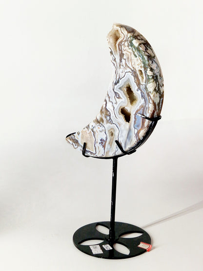 Large Moss Agate Crescent Moon Carving on Metal Stand - Earthy Serenity